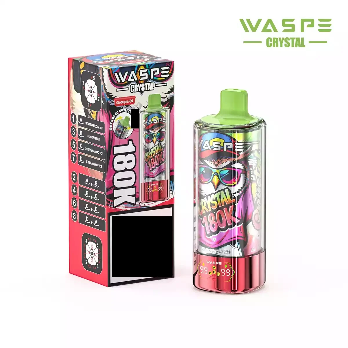 WASPE 8-in-1 Taste Crystal 180000 Puffs 180K Disposable Vapes Wholesale Bulk Buy Rechargeable LED Screen