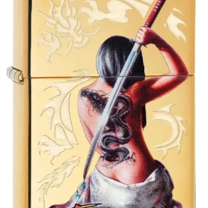 Zippo Lighter - Mazzi Girl Slays Dragon High Polish Brass